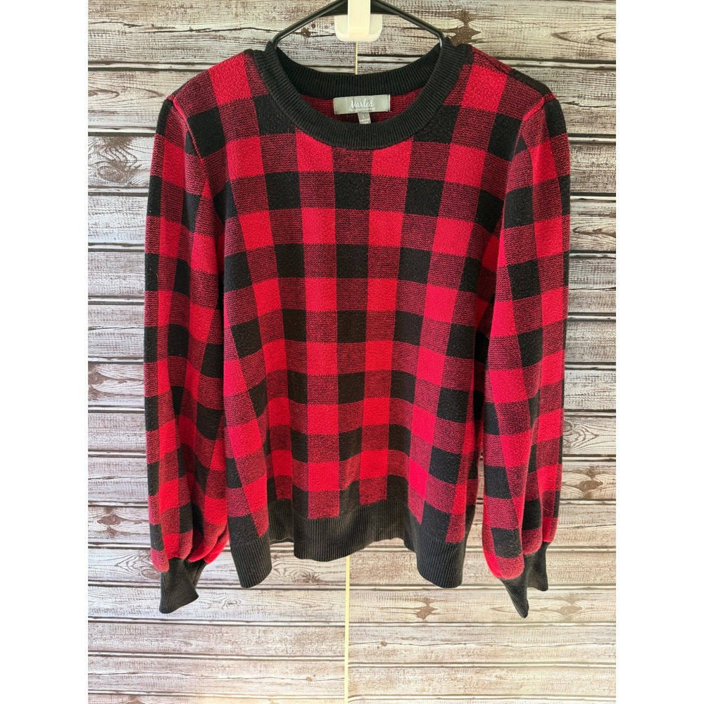 Marled Reunited Clothing Women's Red Buffalo Plaid Balloon Sleeve Sweater Size L